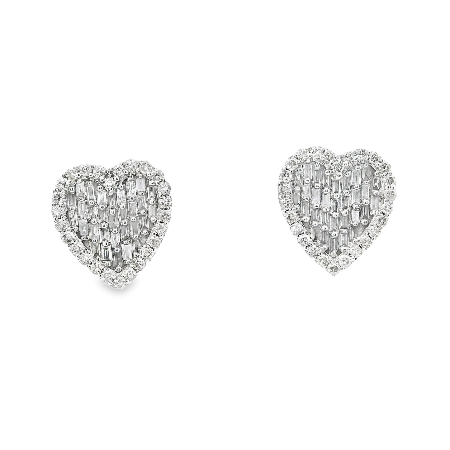 Heart Shape Baguette and Round Diamond Earrings in 14K White Gold