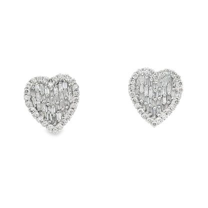 Heart Shape Baguette and Round Diamond Earrings in 14K White Gold