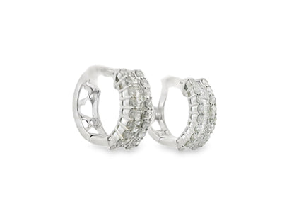 Baguette and Round Cut Diamond Hoop Huggies Earrings in 14K White Gold