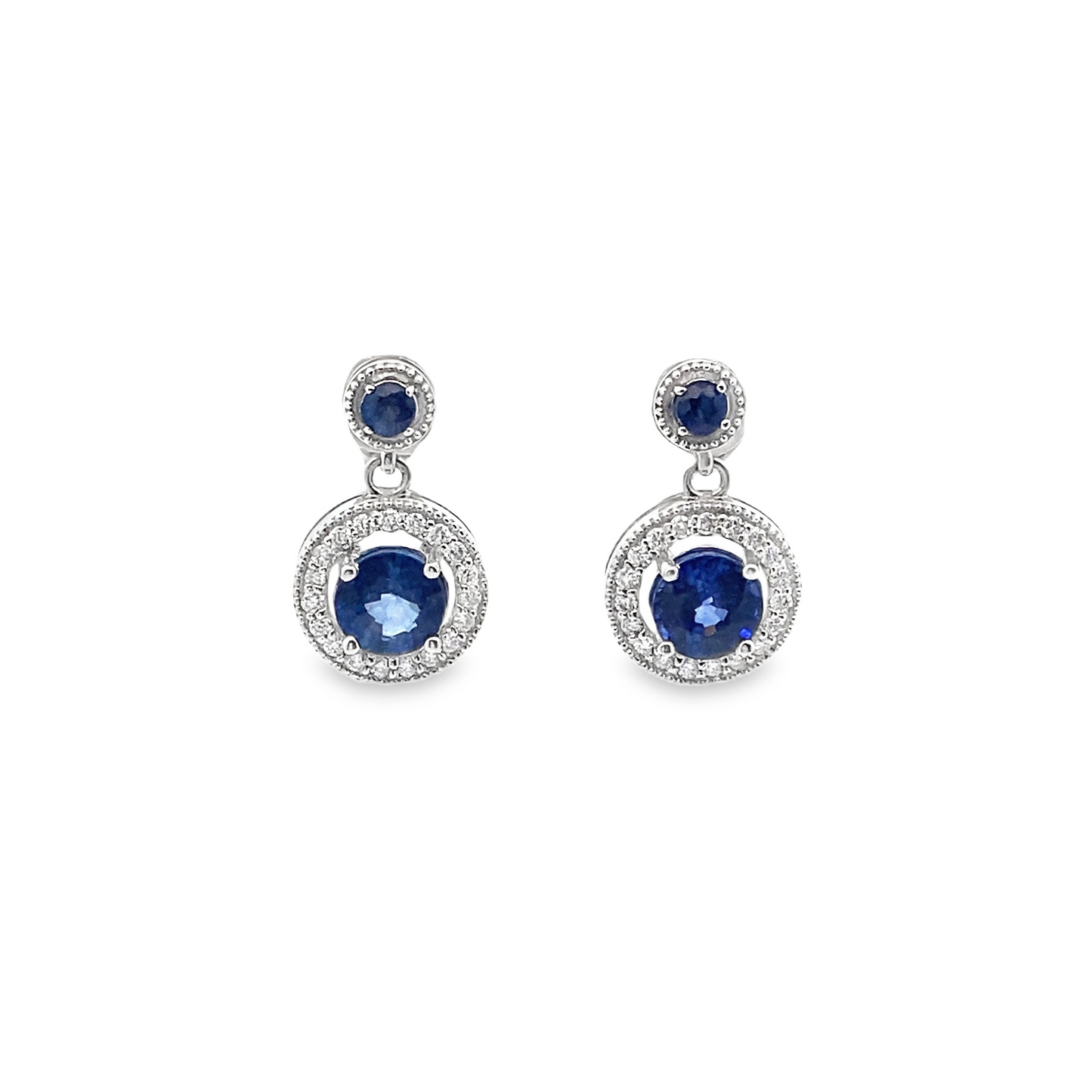 Halo Sapphire and Diamond Drop Earrings in 14K White Gold