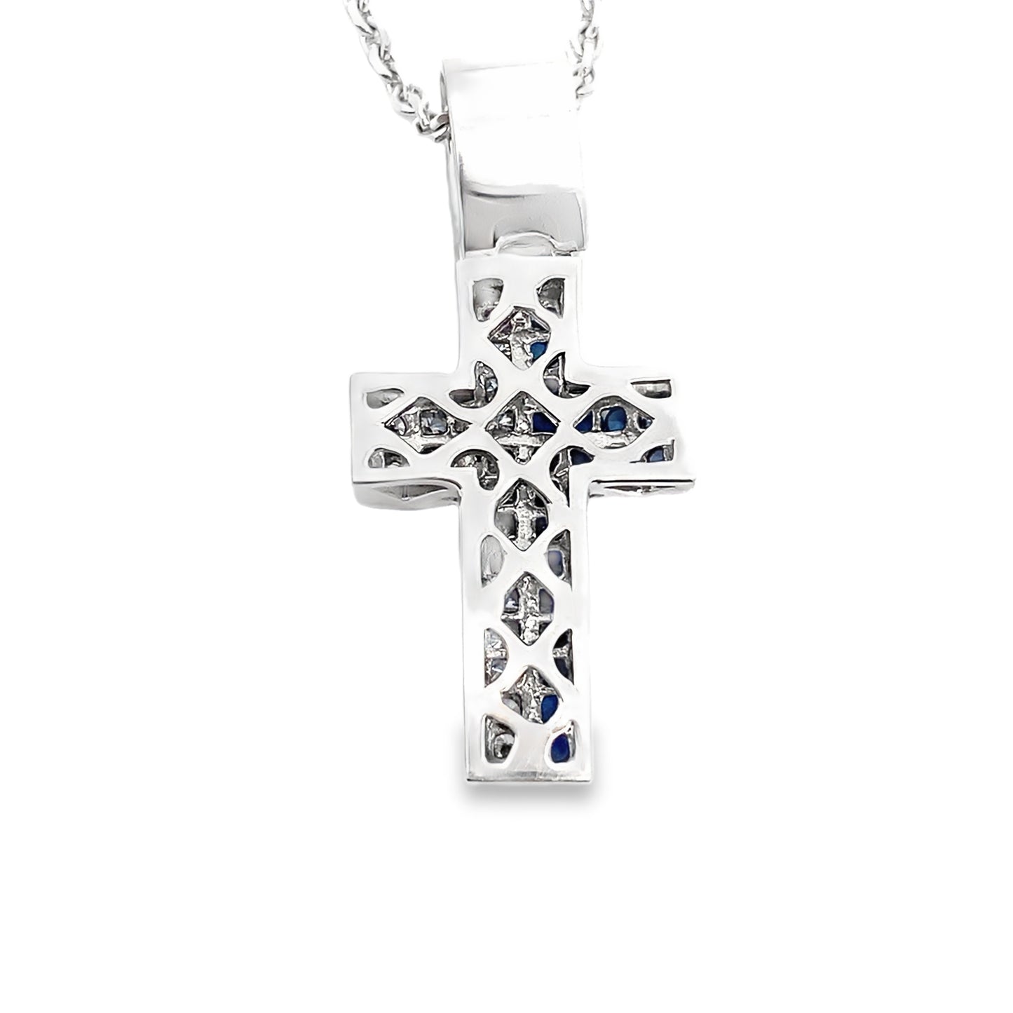 Sapphire and Diamond Cross Pendant Necklace in 14K White Gold