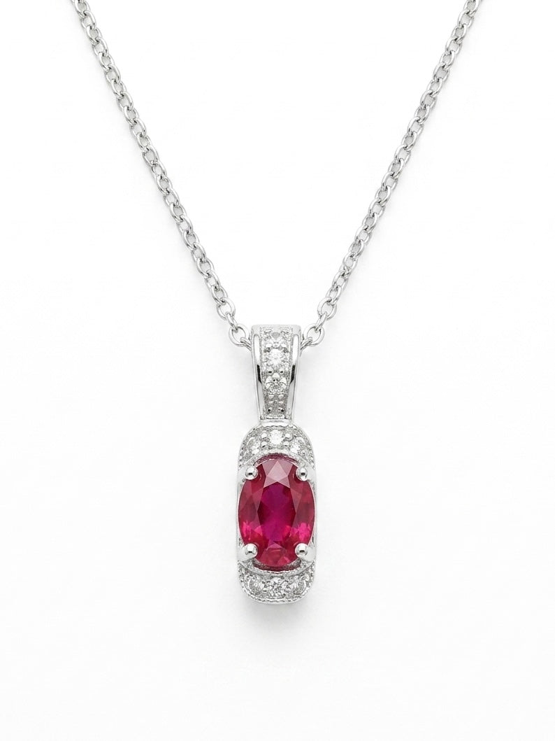 Oval-Cut Ruby and Diamond Pendant in 14K White Gold