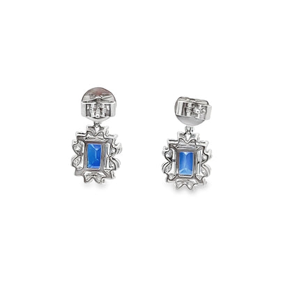 Blue Sapphire Drop Earrings with Diamond Halo in 18K White Gold