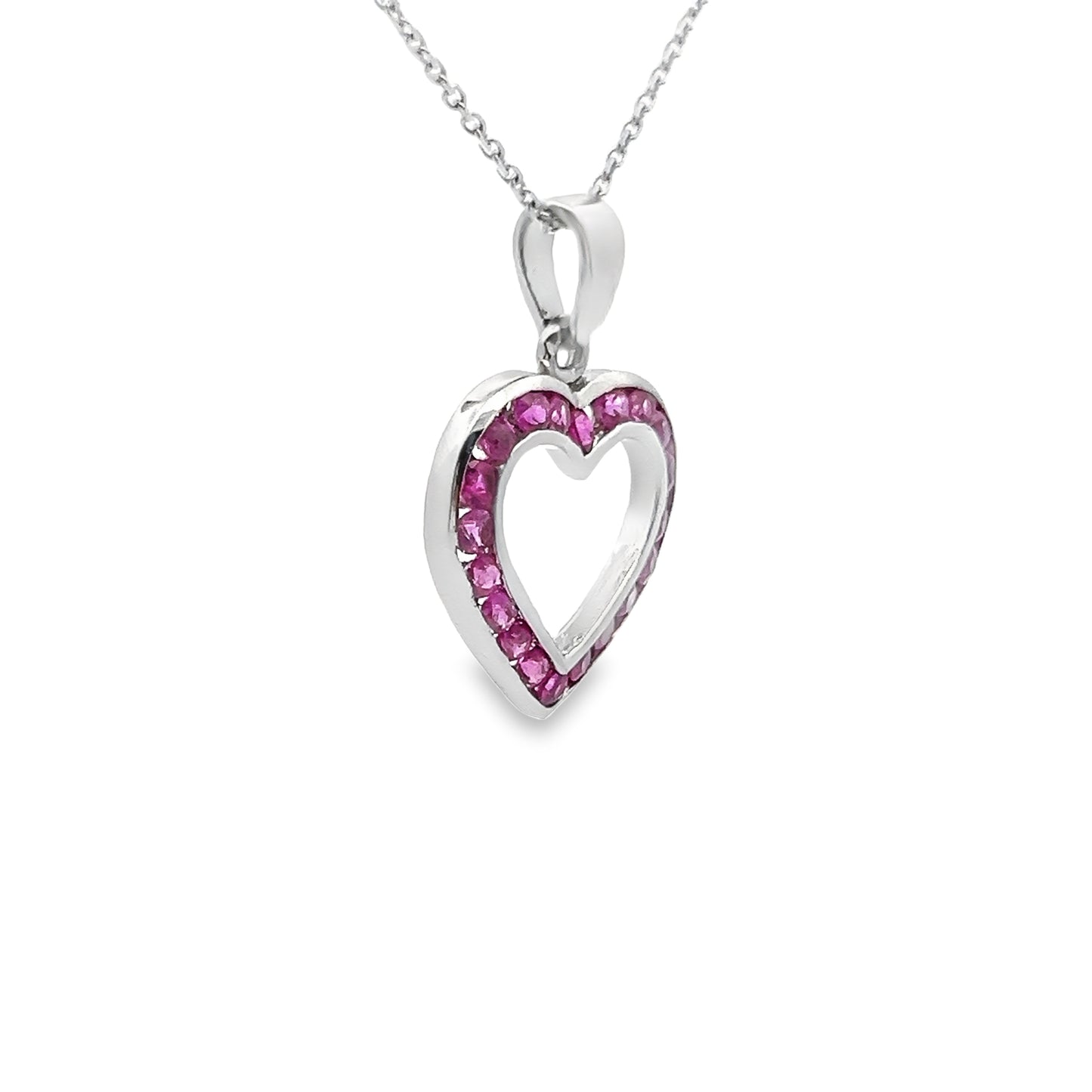 Open Heart Shape Pink Sapphire Pendant Necklace in 14K White Gold