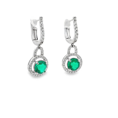 Green Emerald Dangle Earrings with Diamond Halo in 14K Gold