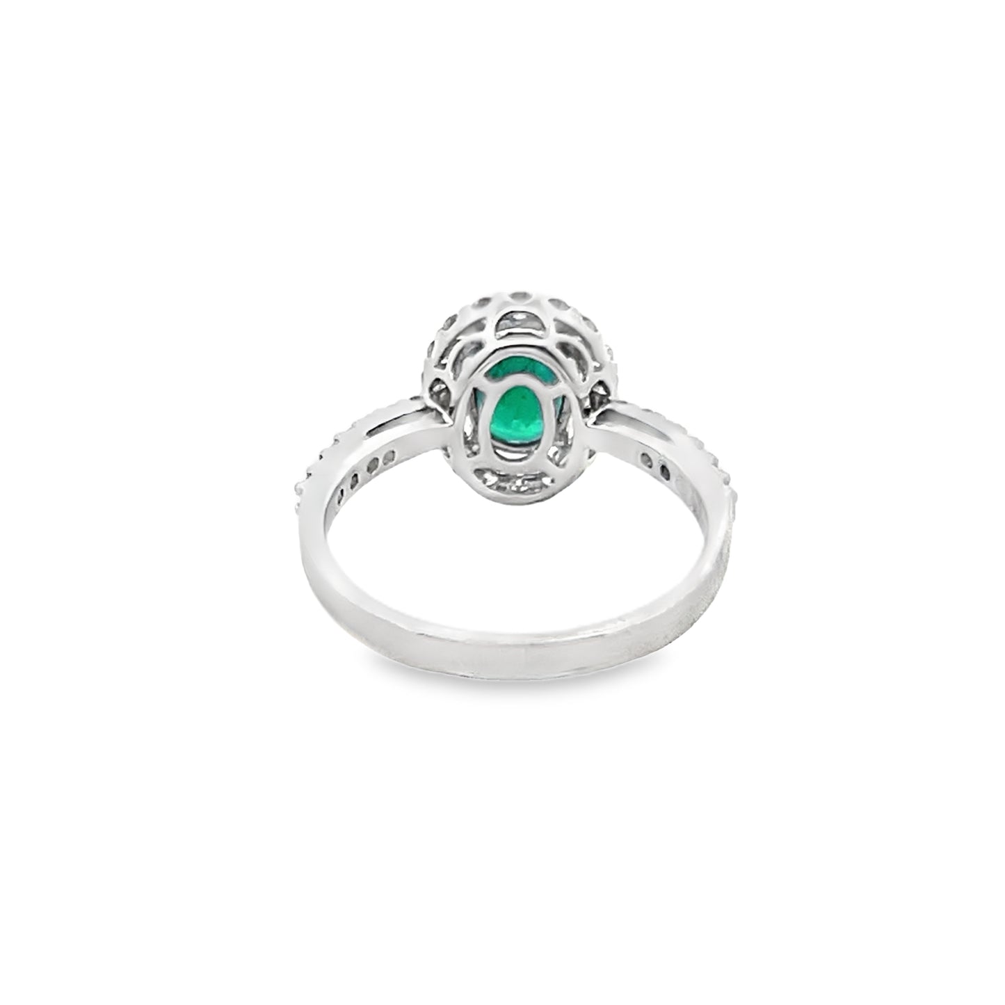 Green Emerald and Diamond Ring with Halo in 18K White Gold