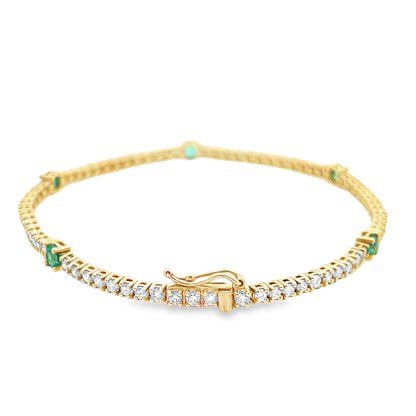 Alternating Round Diamond and Emerald Tennis Bracelet in 14K Yellow Gold