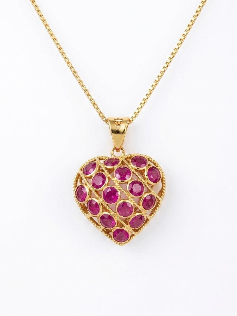 Ruby and Sapphire Puff Heart Pendant in 18K Yellow Gold