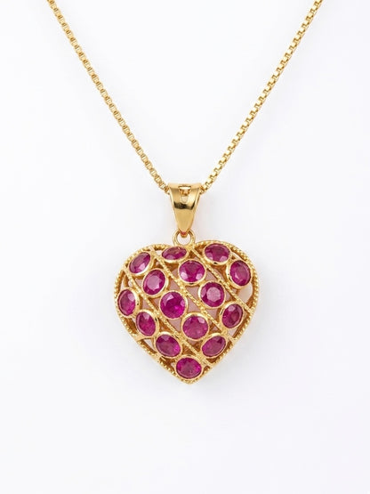 Ruby and Sapphire Puff Heart Pendant in 18K Yellow Gold