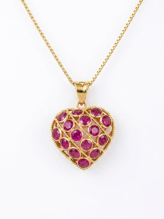 Ruby and Sapphire Puff Heart Pendant in 18K Yellow Gold