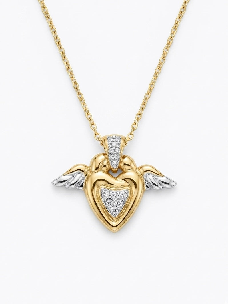 Two Tone Diamond Heart Pendant with Angel Wings in 18K Gold