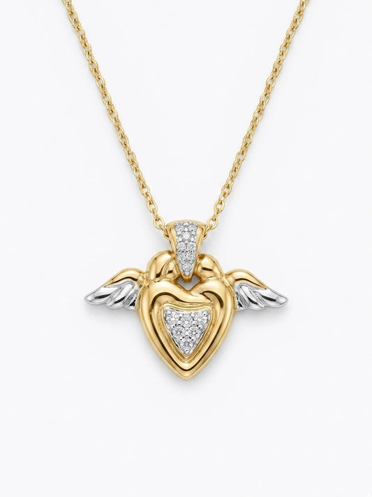 Two Tone Diamond Heart Pendant with Angel Wings in 18K Gold