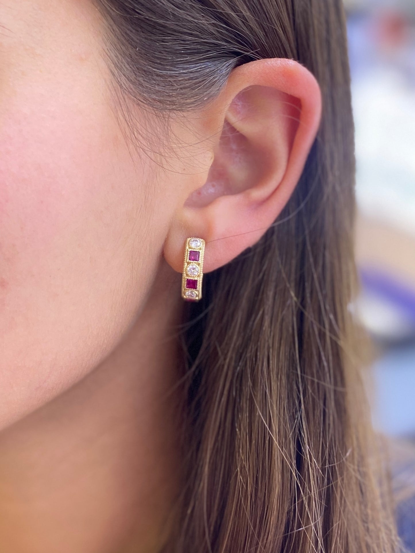 Princess & Round-Cut Ruby and Diamond Huggie Hoop Earrings in 14K Gold