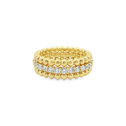Three Row Bead Gold Ring with Diamonds in 14K Yellow Gold