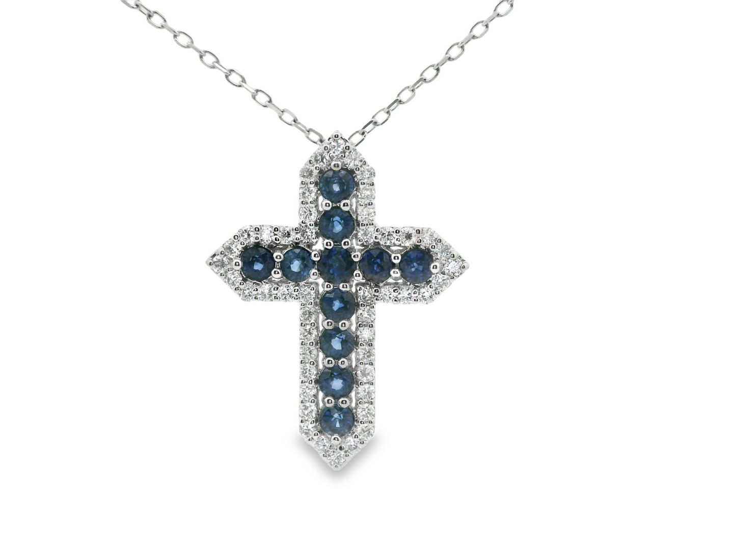 Emerald/Sapphire and Diamond Cross Pendant Necklace in 14K Gold