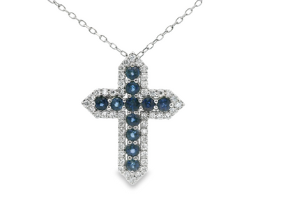 Emerald/Sapphire and Diamond Cross Pendant Necklace in 14K Gold