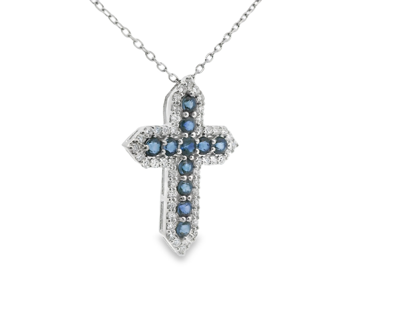 Emerald/Sapphire and Diamond Cross Pendant Necklace in 14K Gold
