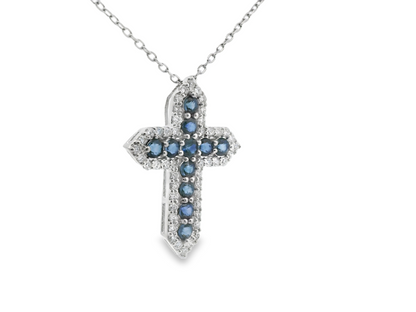 Emerald/Sapphire and Diamond Cross Pendant Necklace in 14K Gold