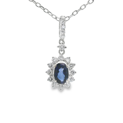 Oval Cut Blue Sapphire with Diamond Halo Pendant