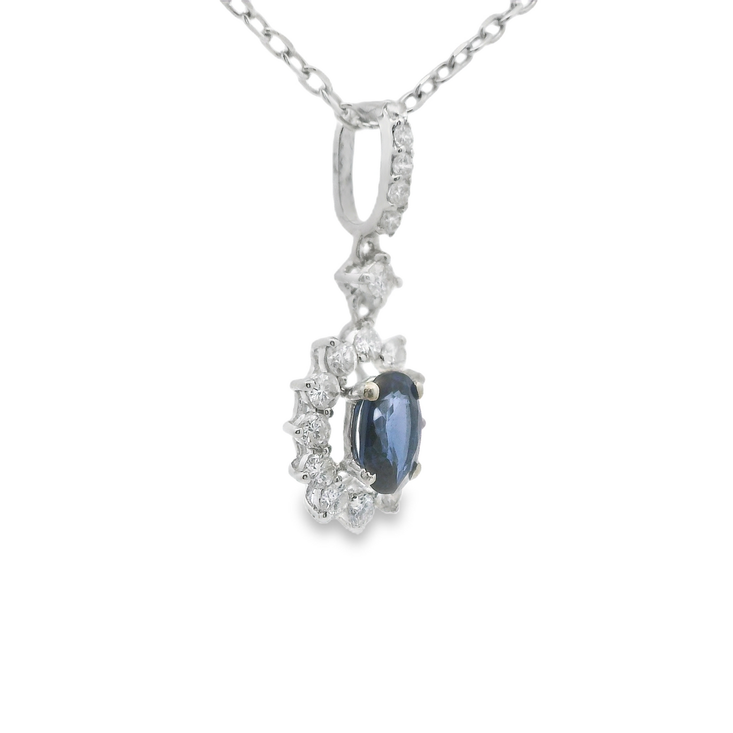 Oval Cut Blue Sapphire with Diamond Halo Pendant