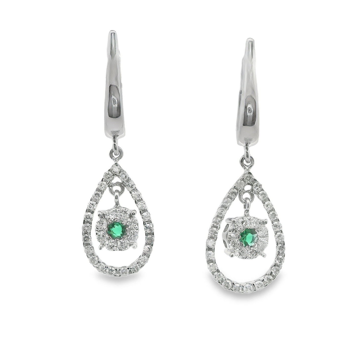 Tear-Drop Shape Diamond and Green Emerald Dangle Earrings