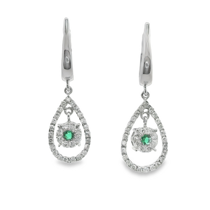 Tear-Drop Shape Diamond and Green Emerald Dangle Earrings
