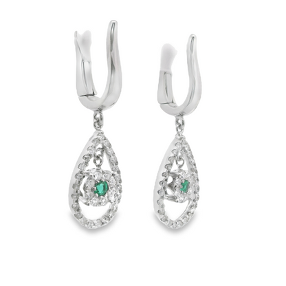 Tear-Drop Shape Diamond and Green Emerald Dangle Earrings