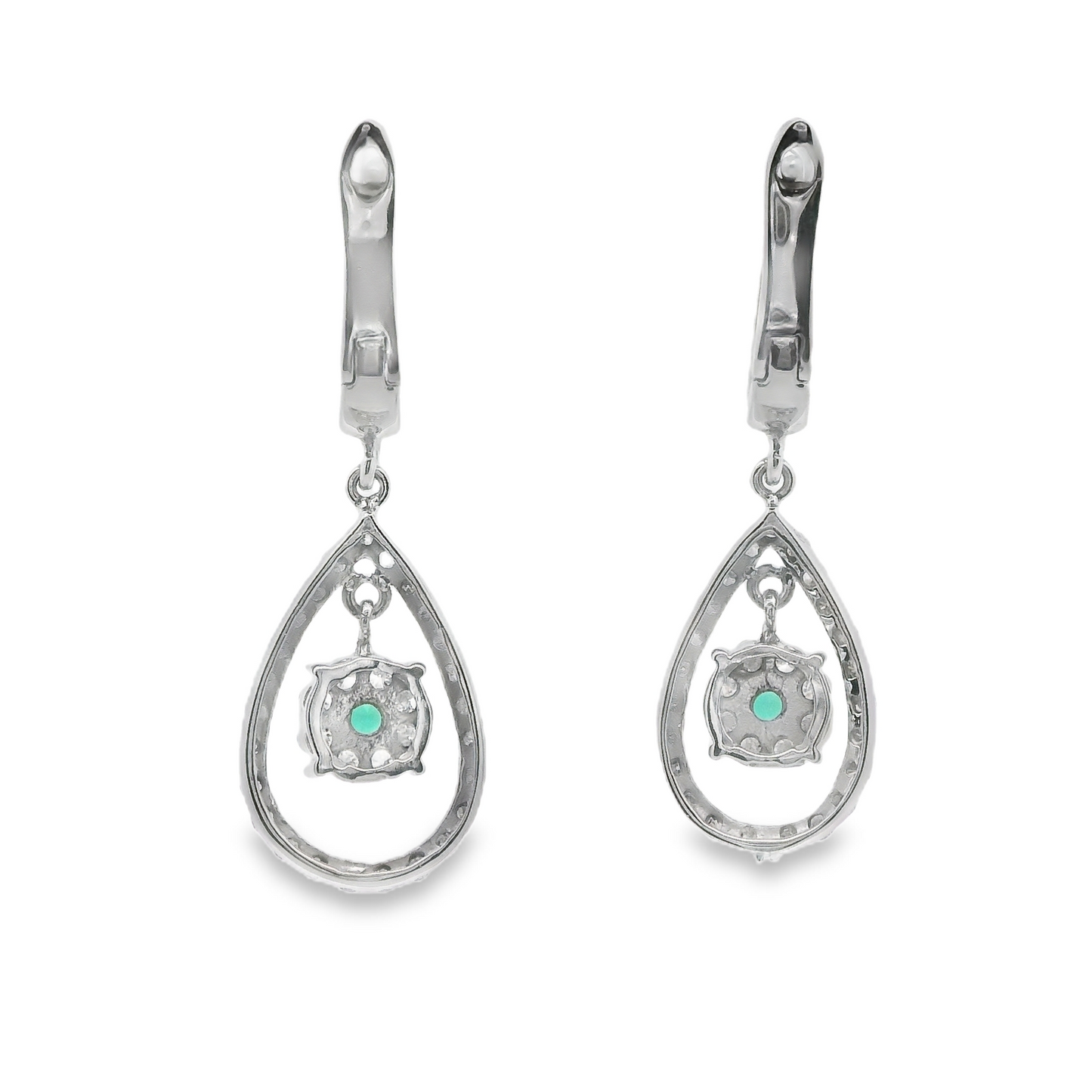 Tear-Drop Shape Diamond and Green Emerald Dangle Earrings