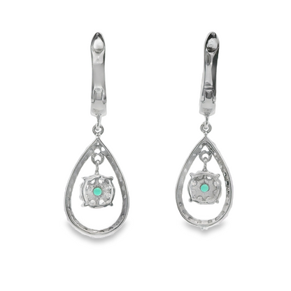 Tear-Drop Shape Diamond and Green Emerald Dangle Earrings
