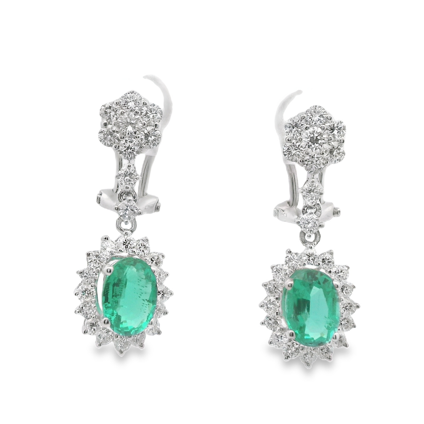 Diamond Cluster and Green Emerald with Halo Drop Earrings