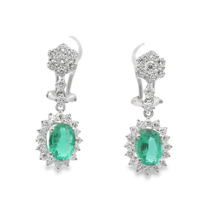 Diamond Cluster and Green Emerald with Halo Drop Earrings