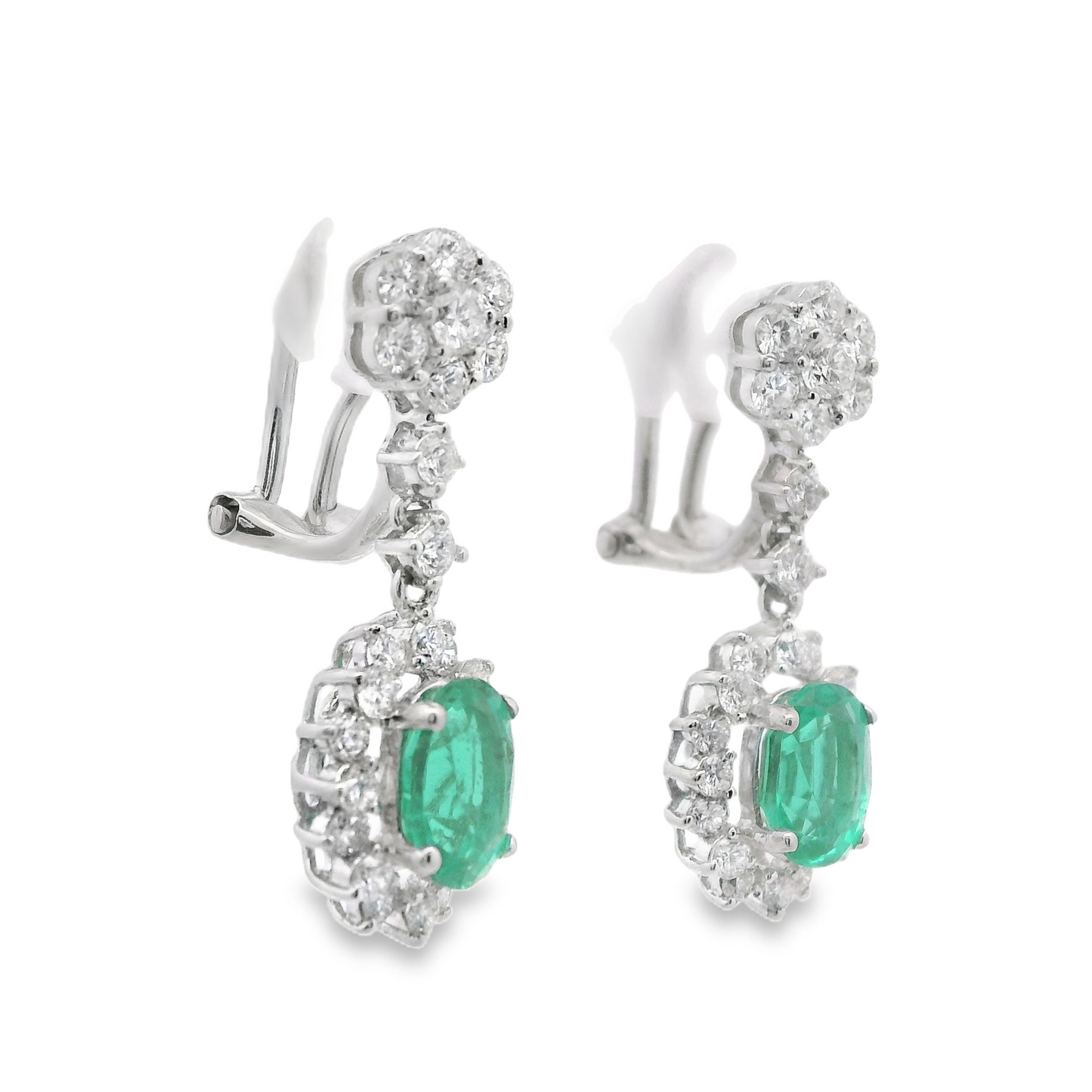 Diamond Cluster and Green Emerald with Halo Drop Earrings