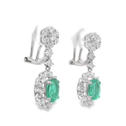 Diamond Cluster and Green Emerald with Halo Drop Earrings