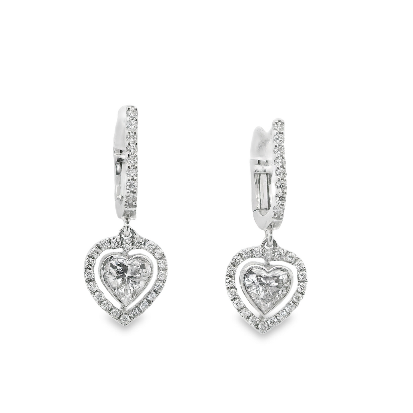 Heart Cut Diamond and Halo Dangle Drop Earrings