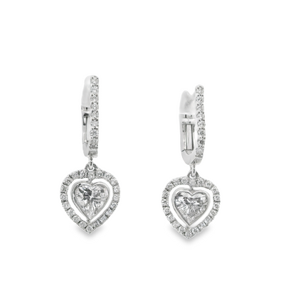 Heart Cut Diamond and Halo Dangle Drop Earrings