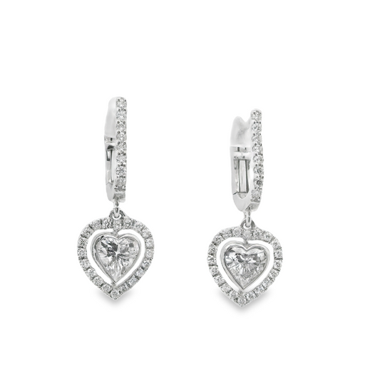 Heart Cut Diamond and Halo Dangle Drop Earrings