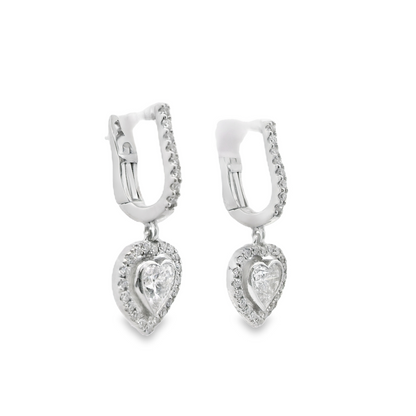 Heart Cut Diamond and Halo Dangle Drop Earrings