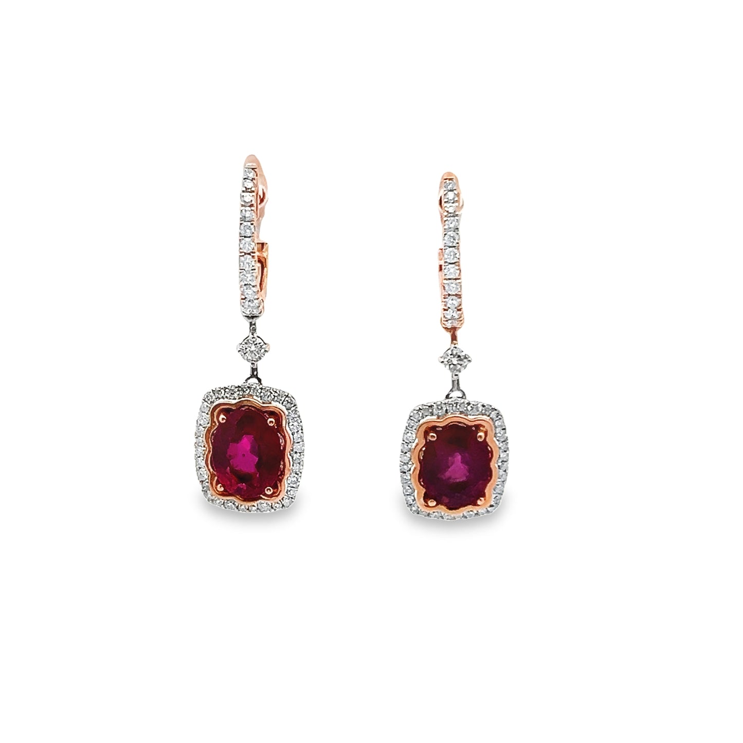 Ruby Lever-Back Diamond Halo Dangle Earrings in 18K White and Rose Gold