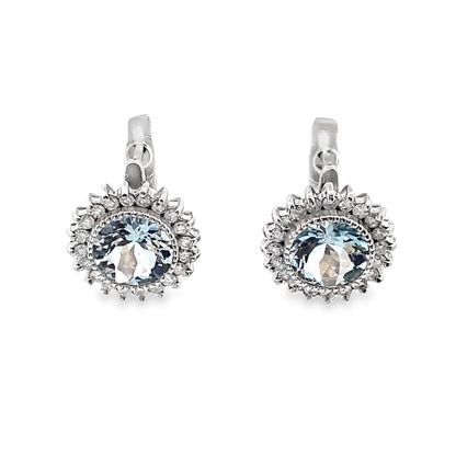 Halo Round Brilliant Aquamarine and Diamond Earrings in 14K White Gold