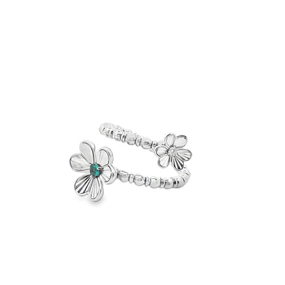 Beaded Double Flower Ring with an Emerald and Diamond Center in 14K White Gold