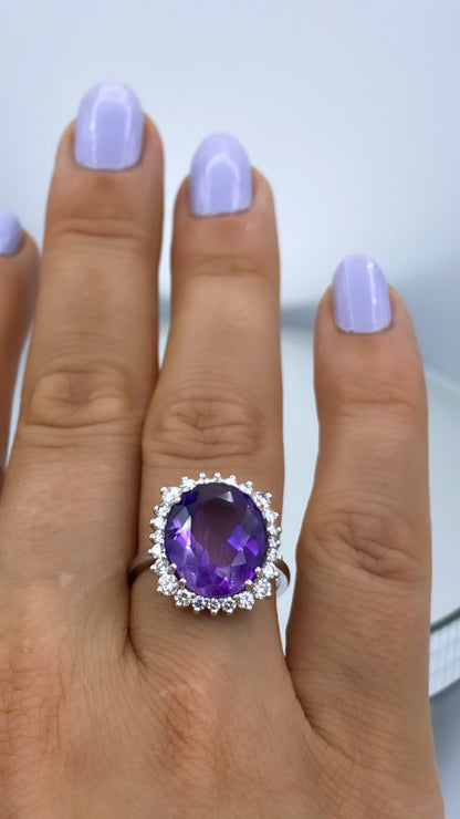 Amethyst Ring with a Diamond Halo in 14K White Gold
