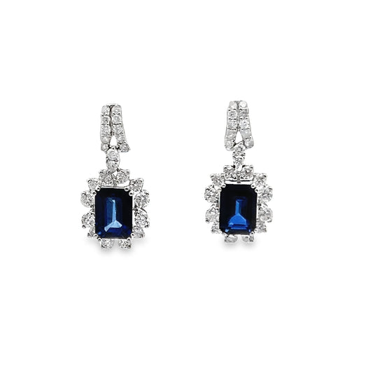 Blue Sapphire Drop Earrings with Diamond Halo in 18K White Gold