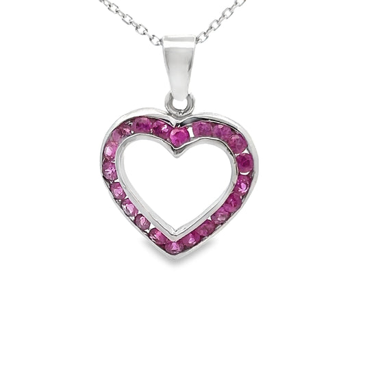 Open Heart Shape Pink Sapphire Pendant Necklace in 14K White Gold