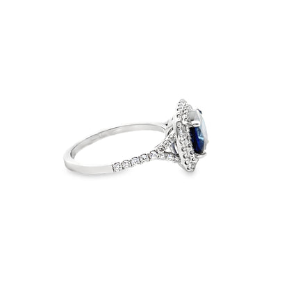 Double Halo Sapphire and Diamond Ring in 14K White Gold