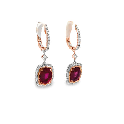 Ruby Lever-Back Diamond Halo Dangle Earrings in 18K White and Rose Gold