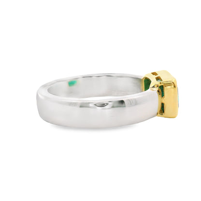 Sideways Green Emerald Ring in Platinum and Yellow Gold