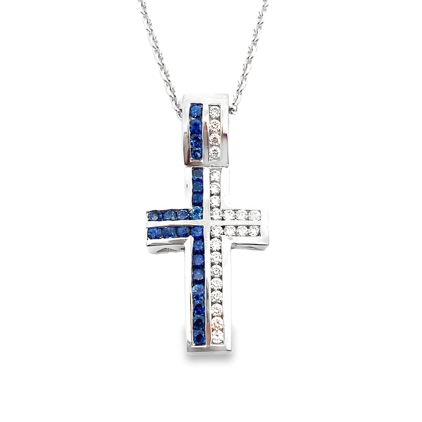 Sapphire and Diamond Cross Pendant Necklace in 14K White Gold