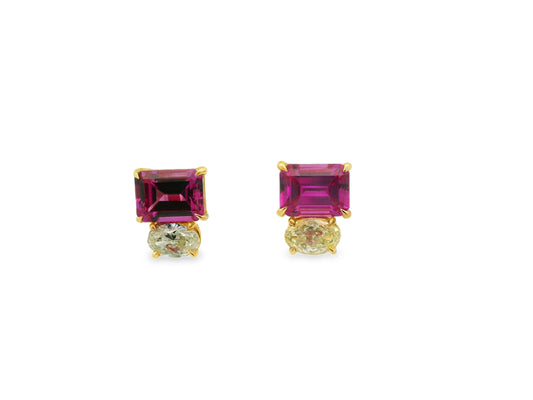 Pink Sapphire and Oval-Cut Diamonds Stud Earrings in 14K Rose Gold