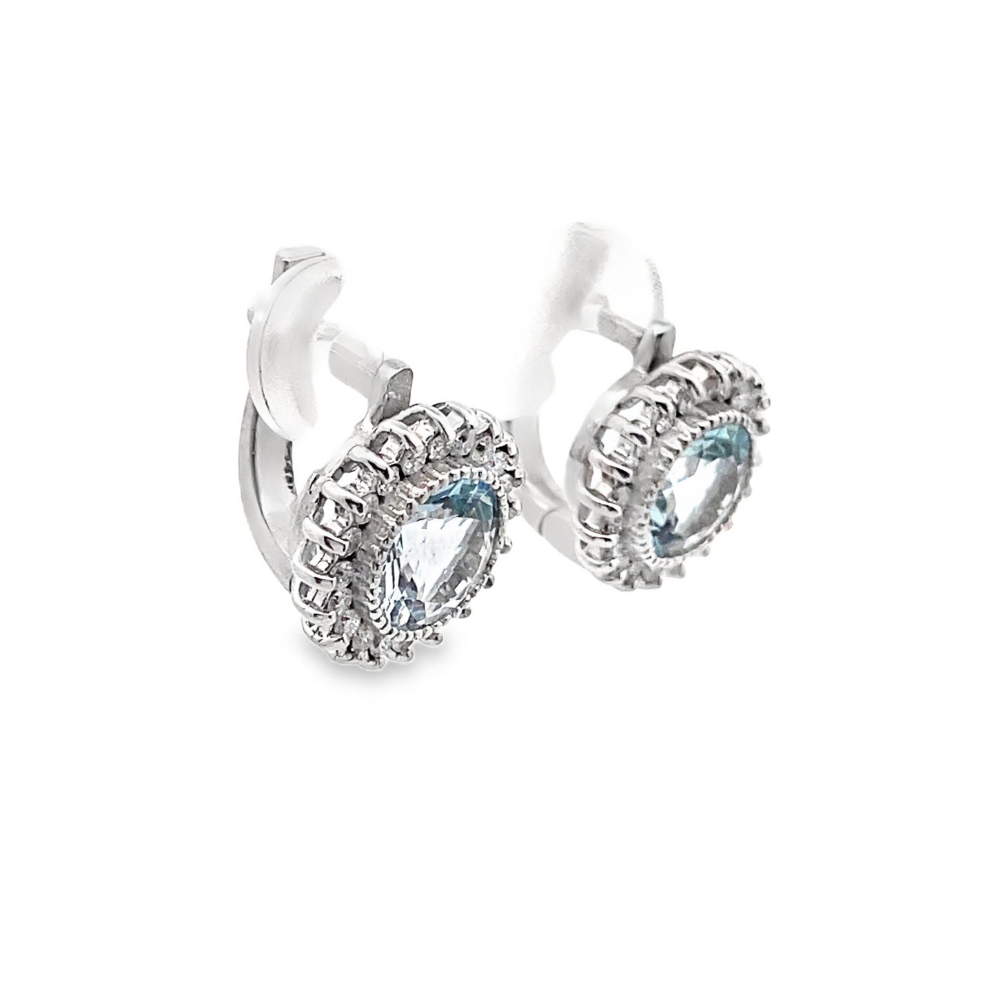 Halo Round Brilliant Aquamarine and Diamond Earrings in 14K White Gold