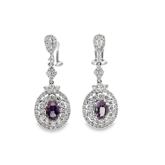 Alexandrite Dangle Earrings with Double Diamond Halo in 18K White Gold